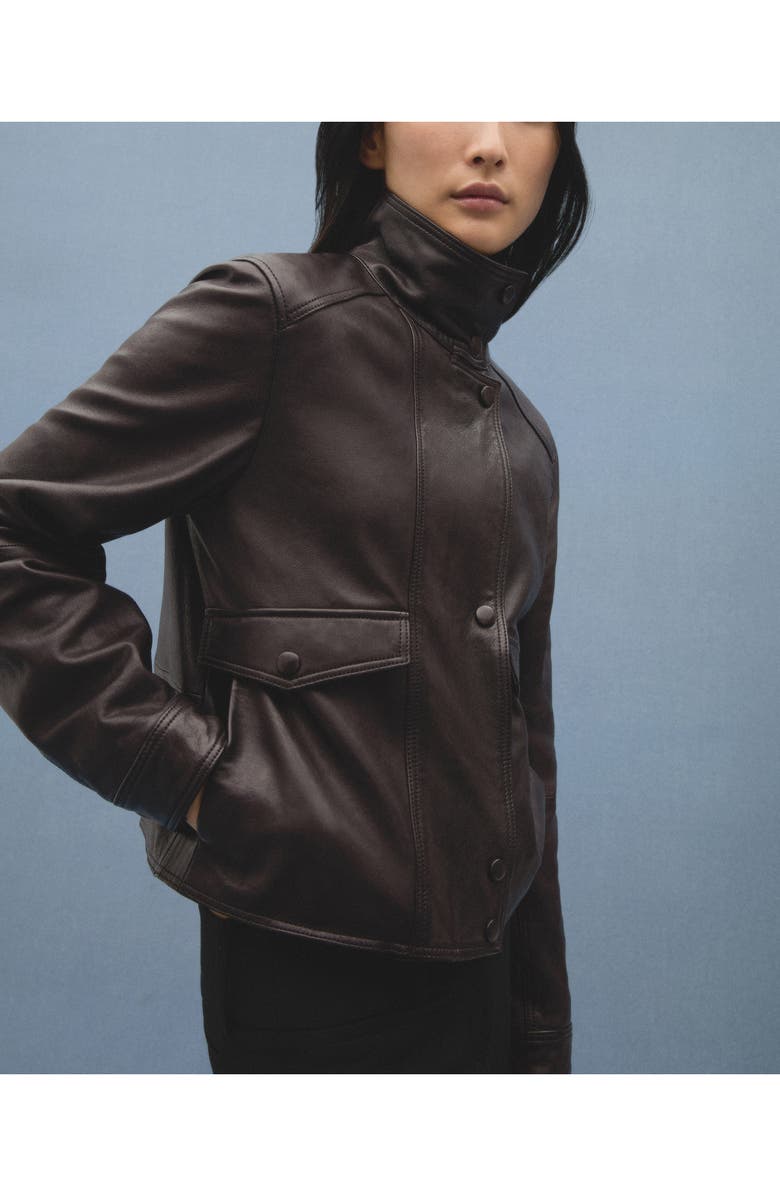 MANGO Stand Collar Leather Jacket, Alternate, color, 