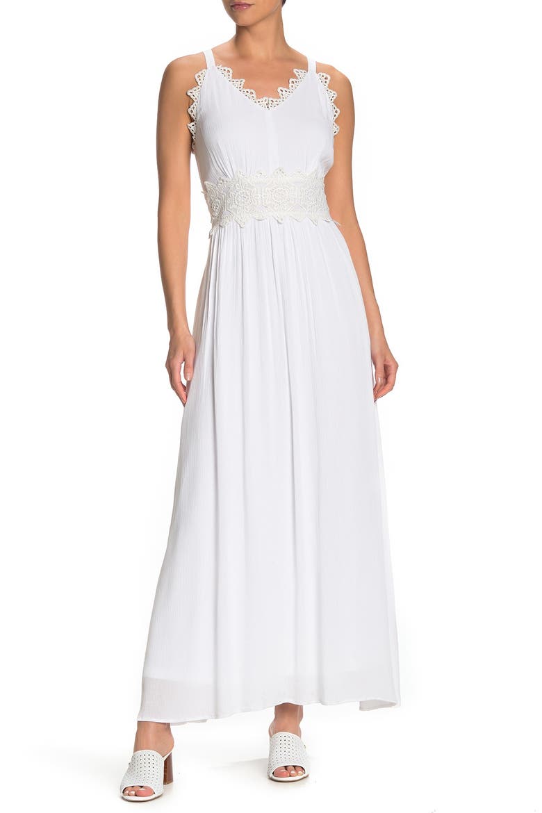 Sleeveless Lace Trim Maxi Dress, Main, color, WHITE