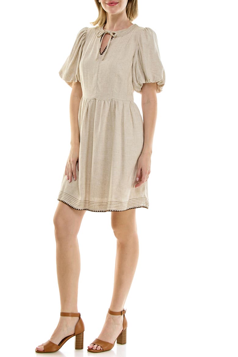 Embroidered Short Sleeve Fit & Flare Dress, Alternate, color, HEATHER TAN