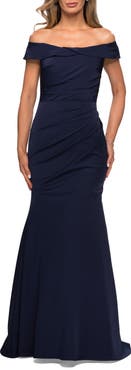 La Femme Off the Shoulder Satin Evening Gown with Ruching