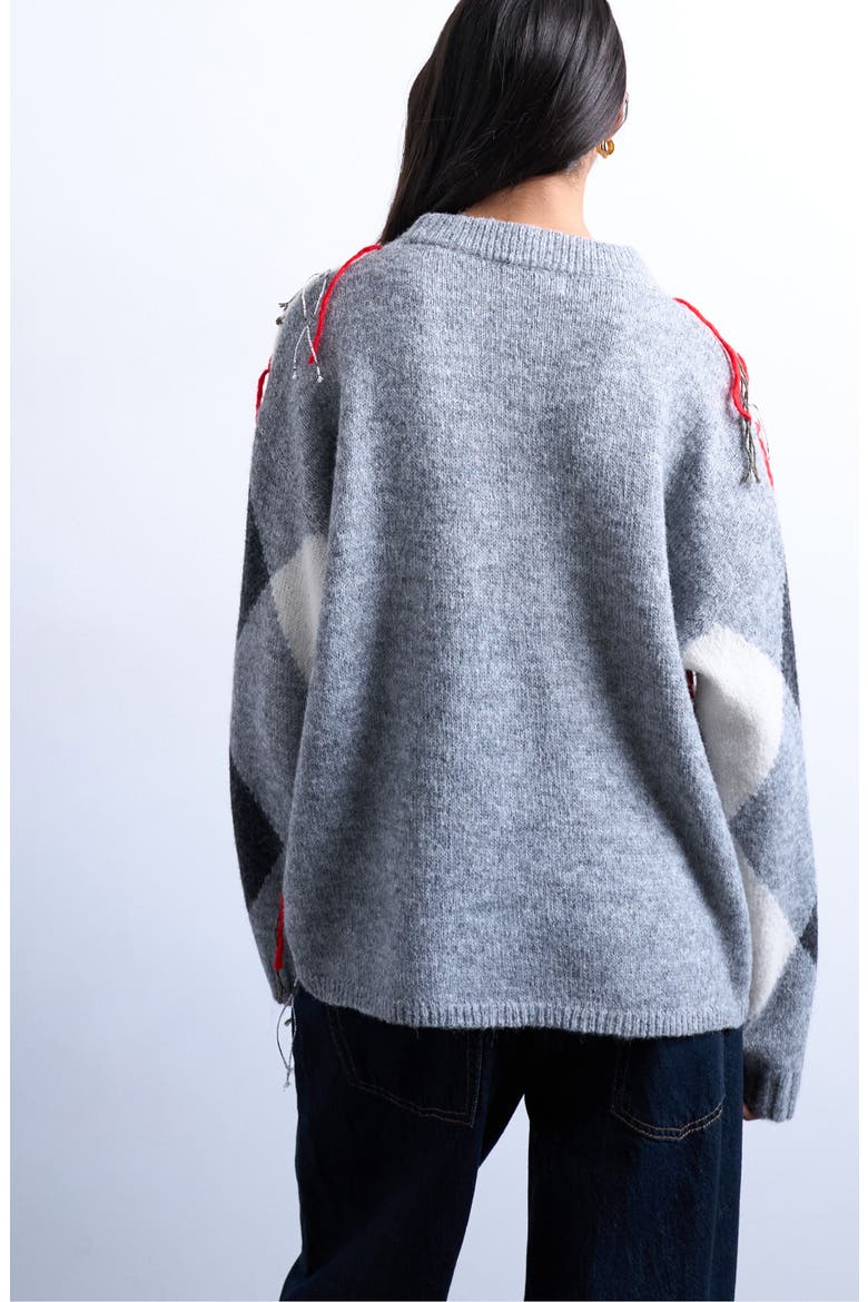 Oversize Distressed Argyle Stitch Sweater, Alternate, color, GREY
