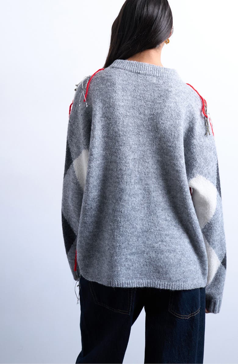 Topshop Oversize Distressed Argyle Stitch Sweater, Alternate, color, Grey