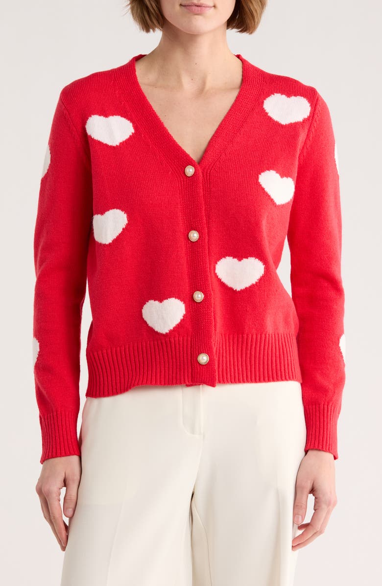Nanette Lepore Heart V-Neck Cardigan, Main, color, Red/ White