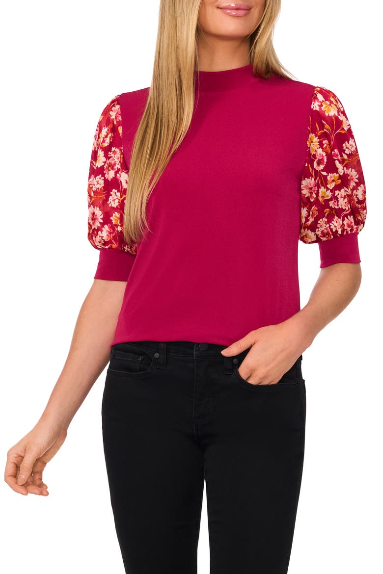 Floral Puff Sleeve Mock Neck Top, Main, color, DEEP SANGRIA