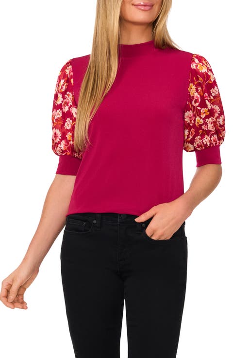 Floral Puff Sleeve Mock Neck Top