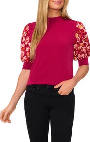 CeCe Floral Puff Sleeve Mock Neck Top