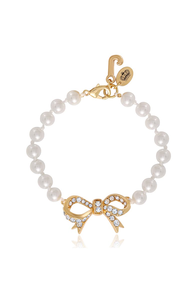 Juicy Couture Pearl Bracelet with Pave Bow, Main, color, Gold Tone