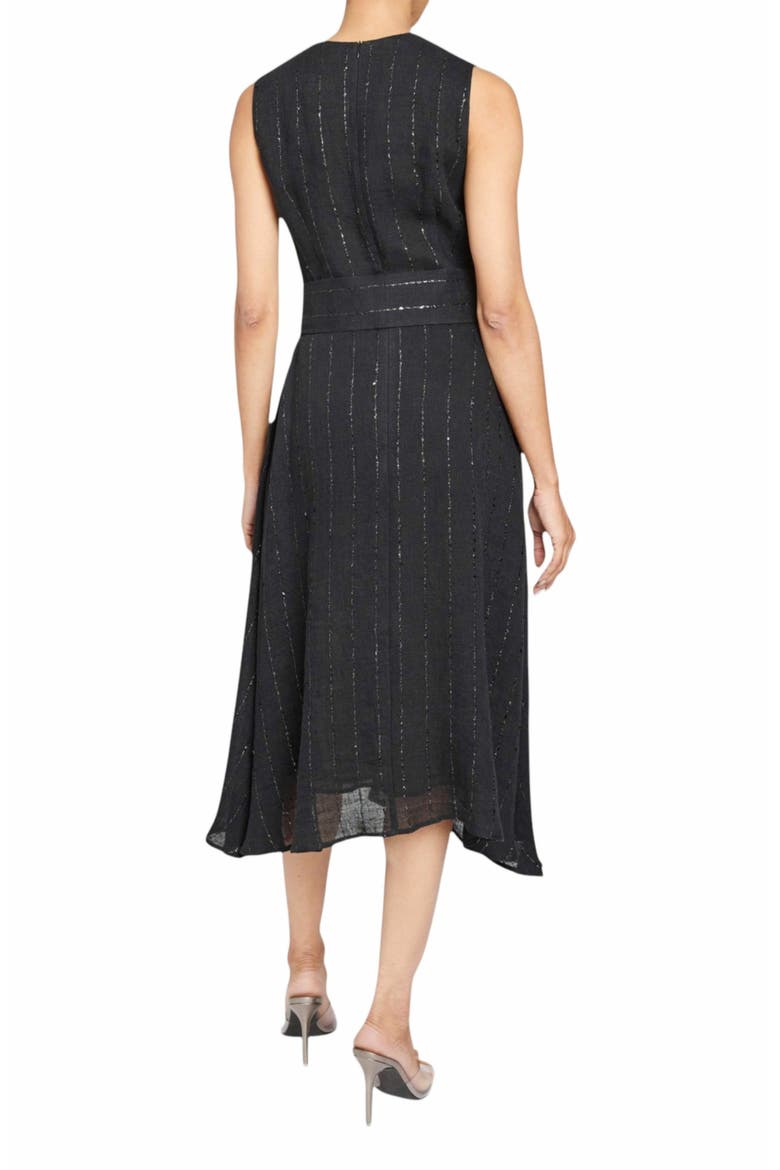 Nia Sleeveless Midi Dress with Asymmetric Hemline and Button Details in Metallic Striped Linen, Alternate, color, BLACK