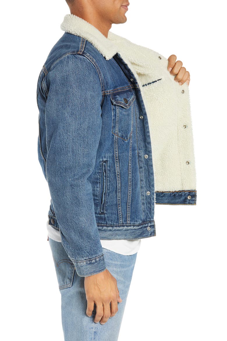 Levi's® Faux Shearling Trim Denim Trucker Jacket, Alternate, color, MAYZE