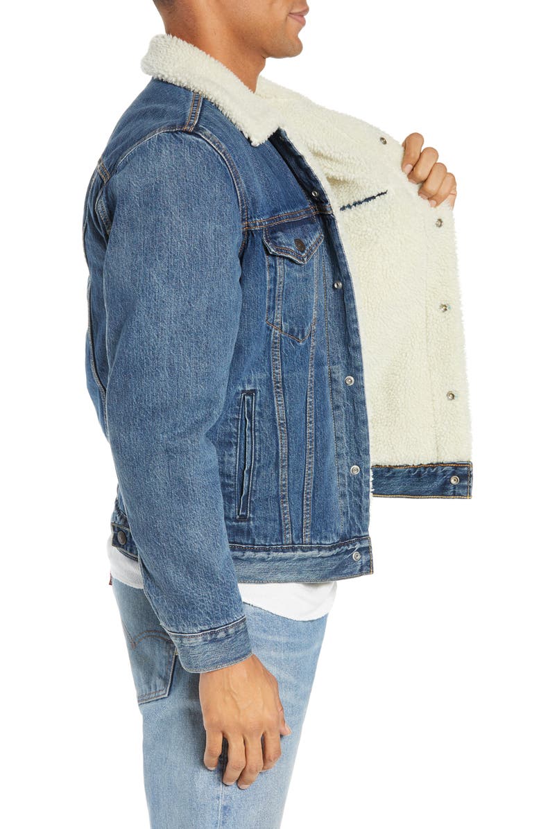 Levi's<sup>®</sup> Faux Shearling Trim Denim Trucker Jacket, Alternate, color,