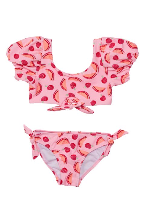 Kids' Berry Sweet Puff Sleeve Knot Front Two-Piece Swimsuit