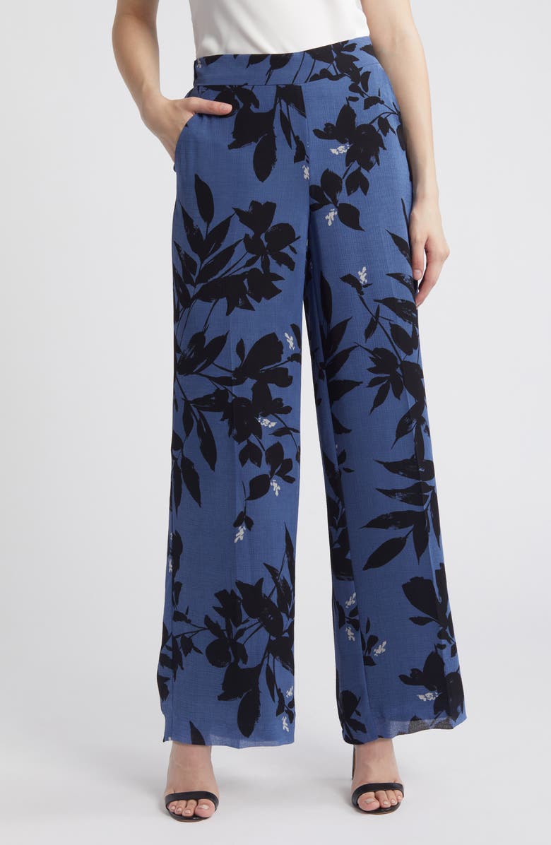 Anne Klein Floral Wide Leg Pants, Main, color, Blu Jay/ Anne Black Multi