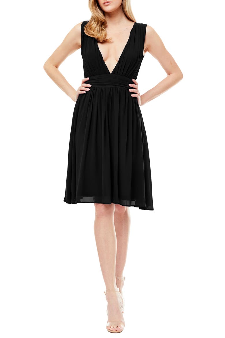 Melissa Plunge Neck Chiffon Fit & Flare Dress, Main, color, BLACK