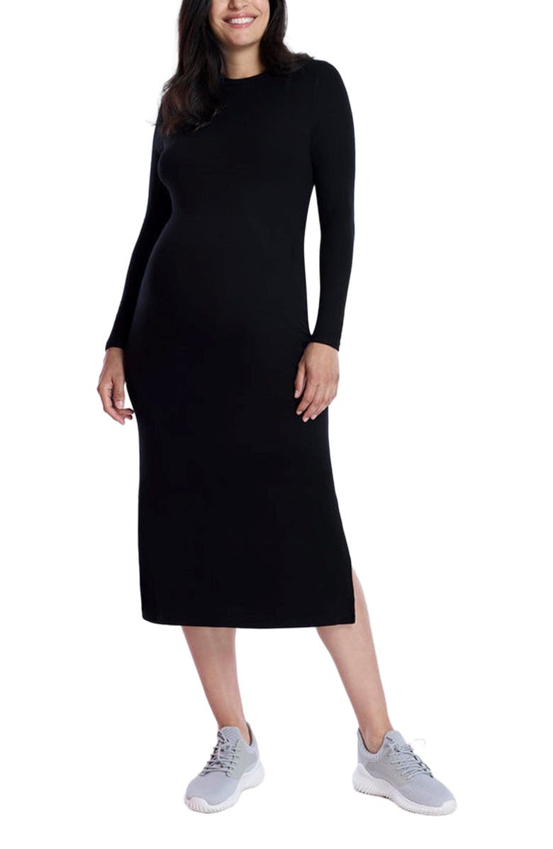 MOTHERHOOD MATERNITY Crew Neck Rib Knit Long Sleeve Column Dress, Main, color, Black