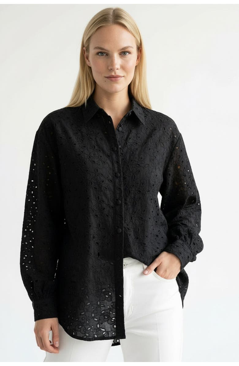 Exquise Long Sleeve Broderie Anglaise Shirt, Main, color, Black