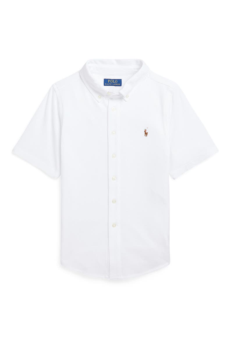 Kids' Short Sleeve Cotton Piqué Button-Down Shirt, Main, color, WHITE