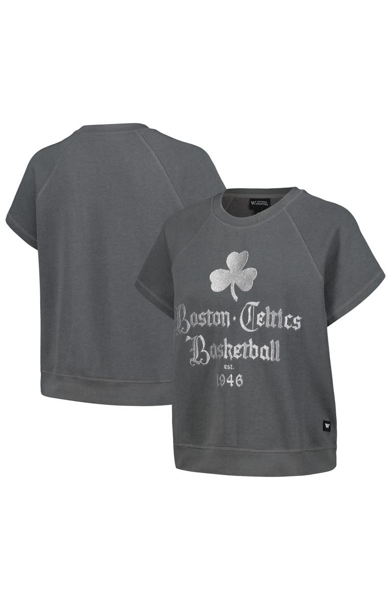 THE WILD COLLECTIVE Women's The Wild Collective Gray Boston Celtics Embroidered Fleece Raglan Short Sleeve Pullover Sweatshirt, Alternate, color, Gray