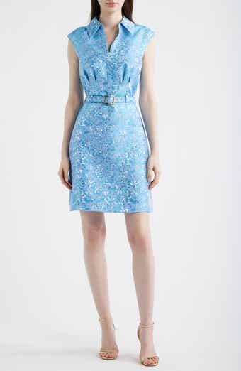 Belted Floral Jacquard Sleeveless Cocktail Dress