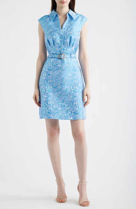 Belted Floral Jacquard Sleeveless Cocktail Dress