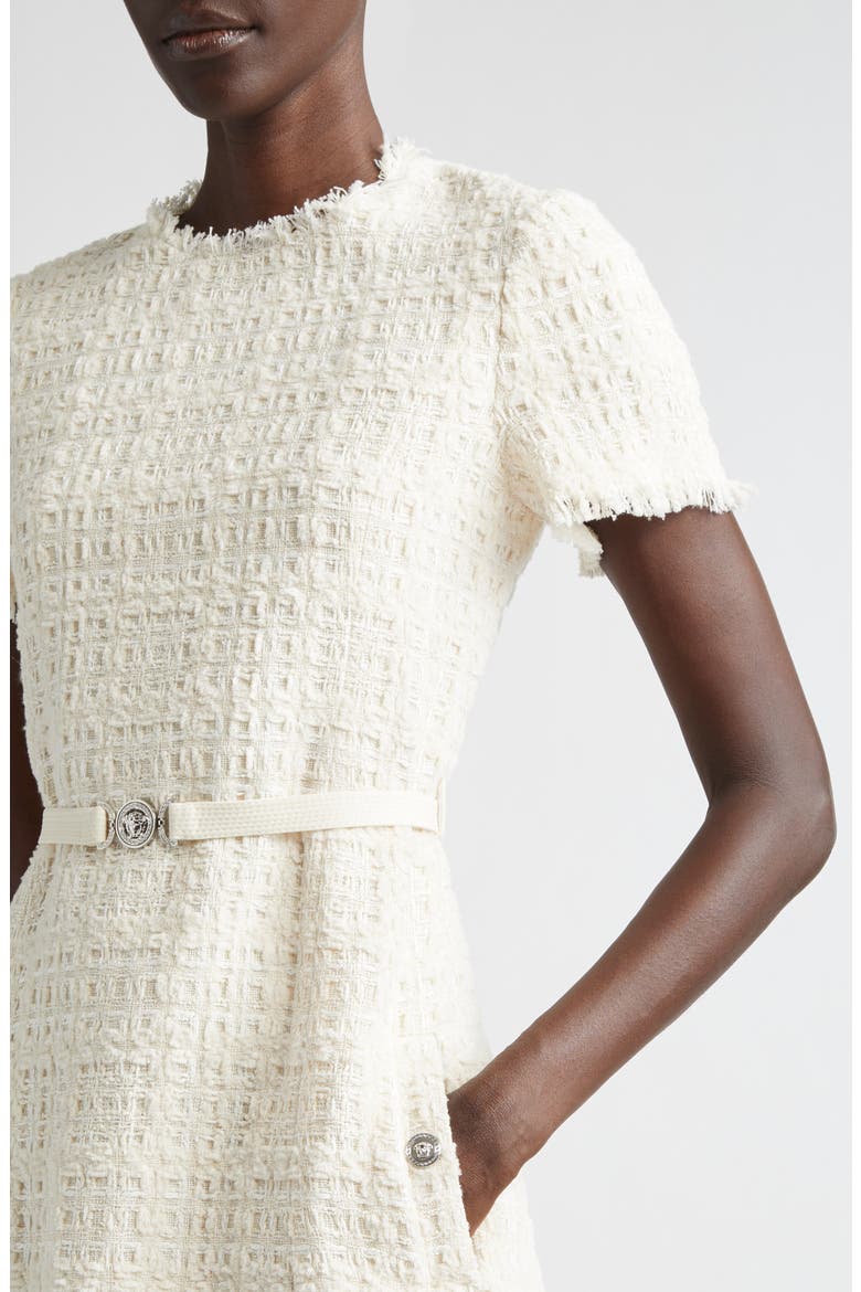 Medusa '95 Belted Metallic Tweed A-Line Dress, Alternate, color, WHITE
