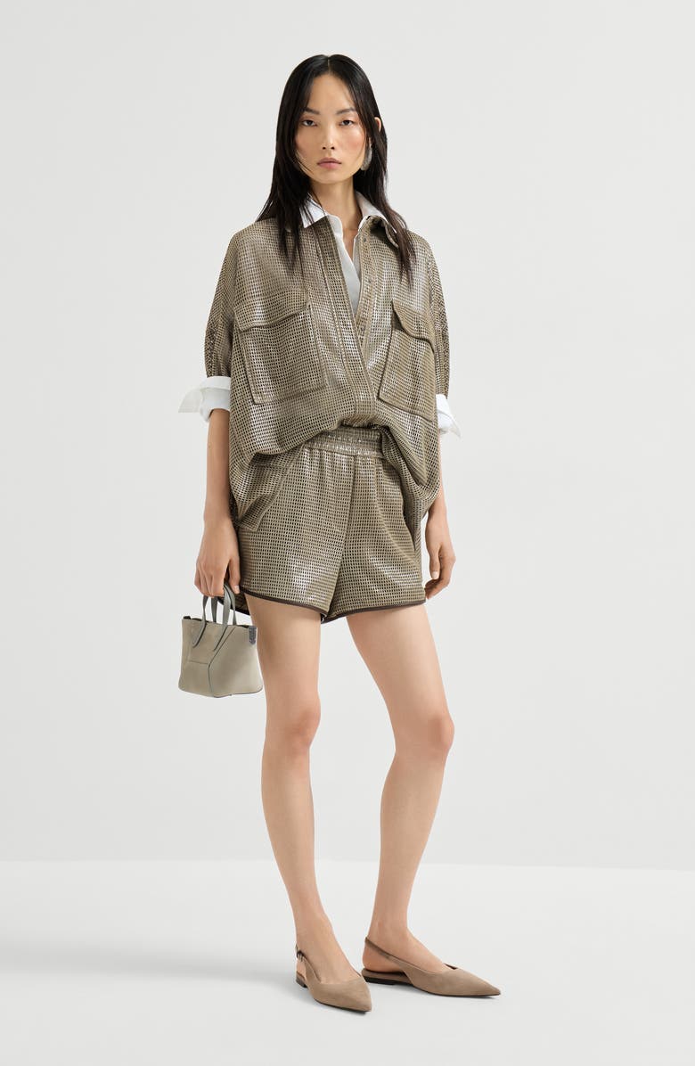 Brunello Cucinelli Sparkling leather net shirt, Alternate, color, Khaki