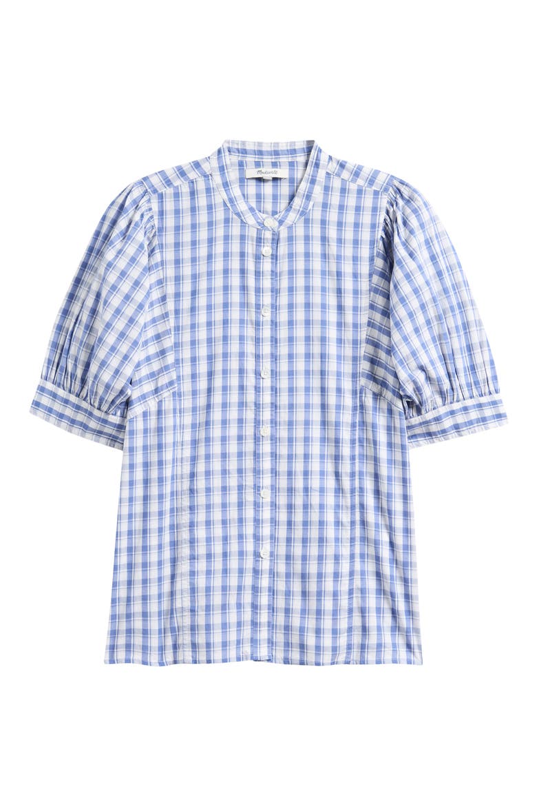 Plaid Puff Sleeve Band Collar Shirt, Alternate, color, BLUE WHITE PLAID