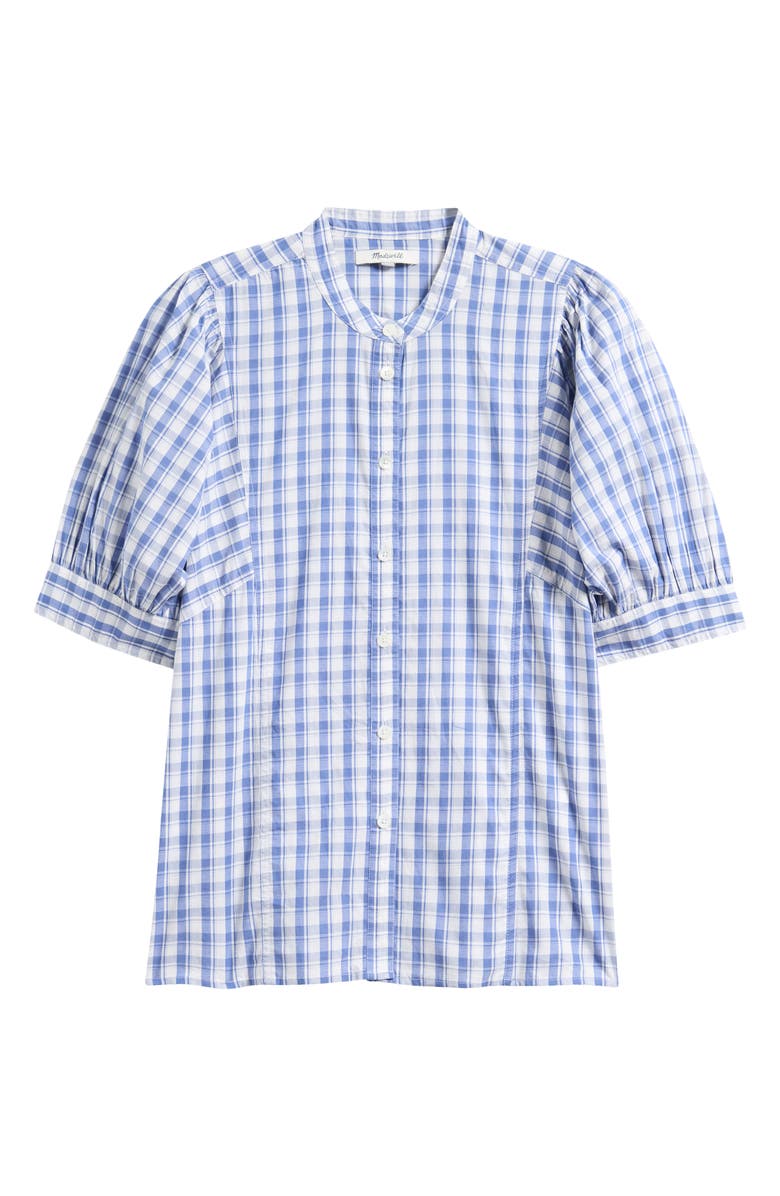 Madewell Plaid Puff Sleeve Band Collar Shirt, Alternate, color, Blue White Plaid