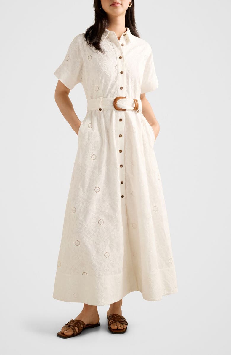 Ever New Valeria Broderie Cotton Maxi Shirtdress, Main, color, Porcelain