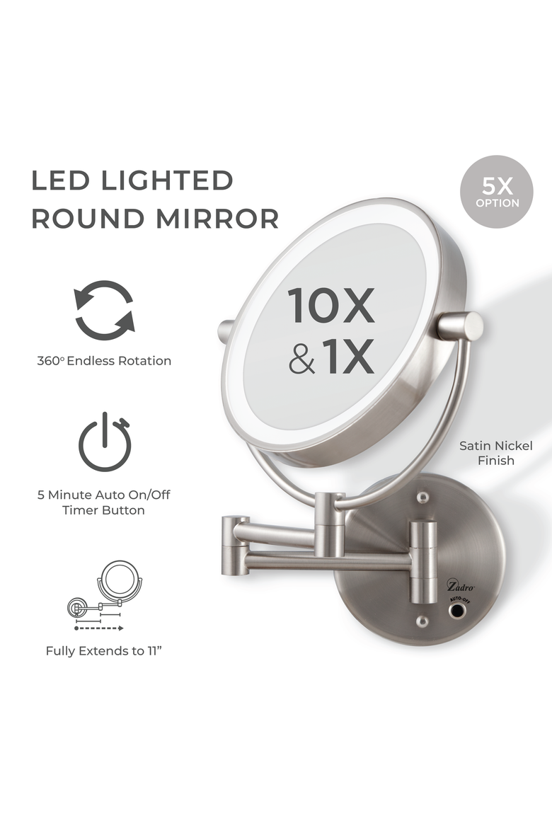 Lighted Wall Mounted Makeup Mirror with 10X/1X Magnification & Cordless, Alternate, color, Satin Nickel