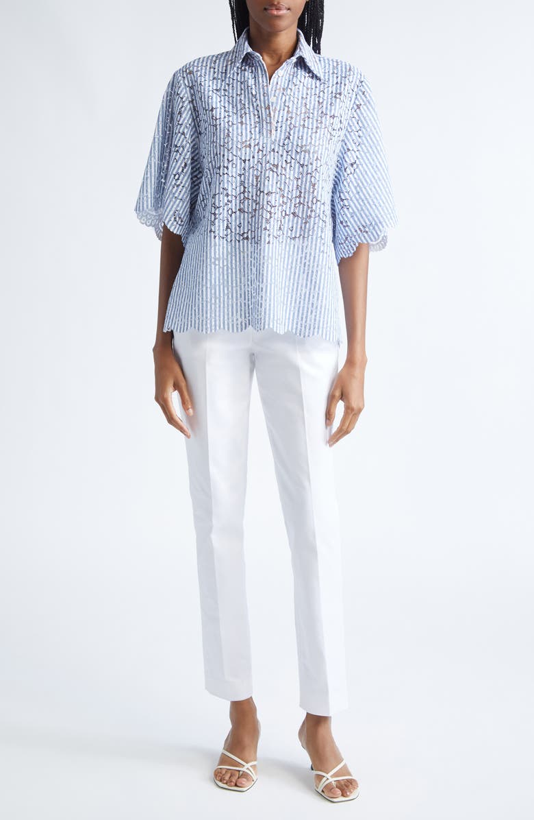 Michael Kors Collection Stripe Floral Lace Shirt, Alternate, color, Lake/Optic White