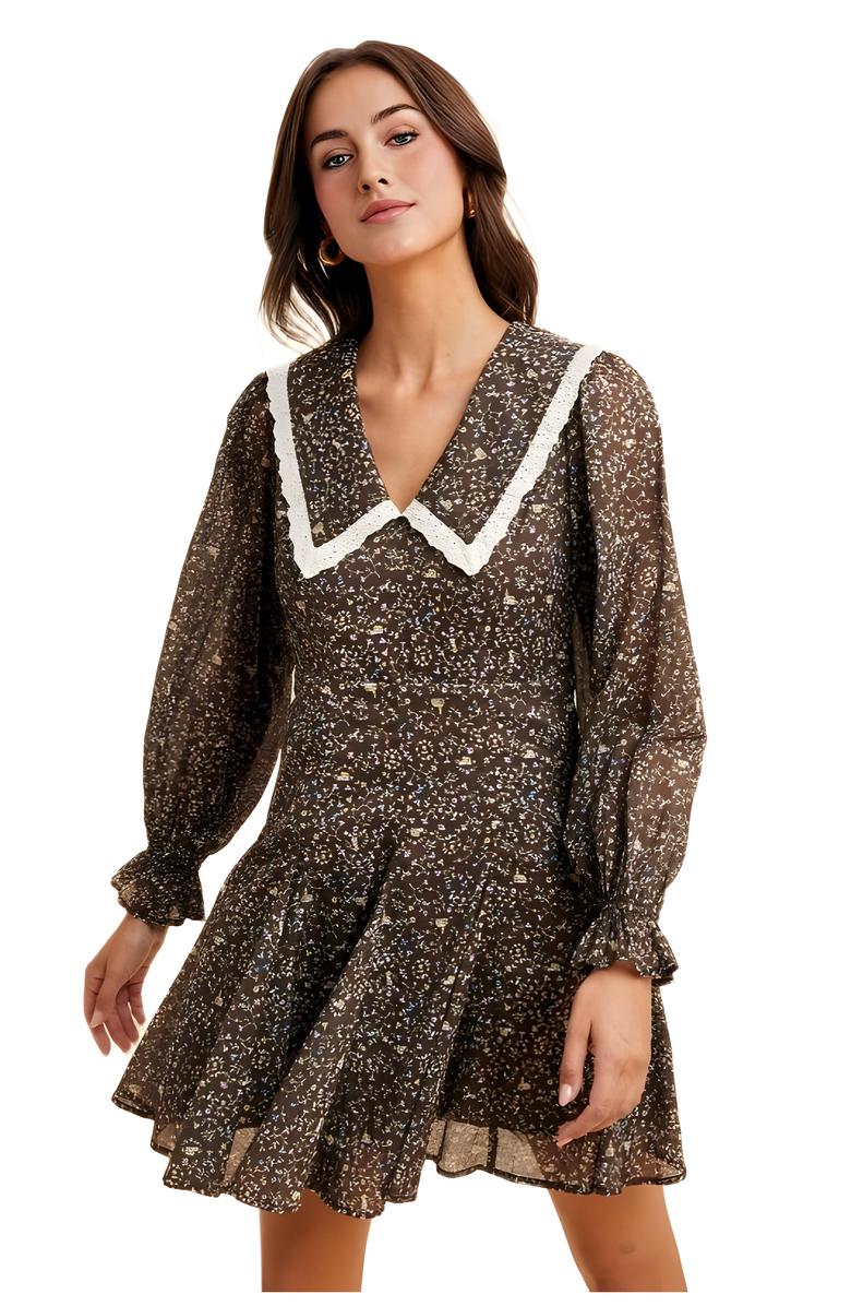 Knit and Lounge Vintage Floral Mini Dress with Lace Collar and Puff Sleeves, Main, color, 