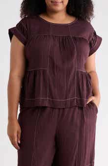 Adrianna Papell Topstitched Crinkled Cap Sleeve Top