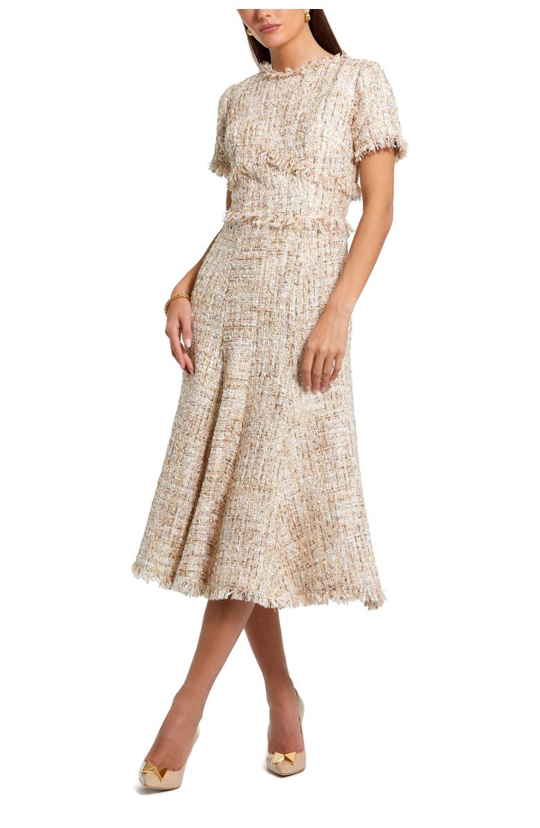 Mac Duggal Boucle Short Sleeve A Line Midi Dress, Main, color, Blush