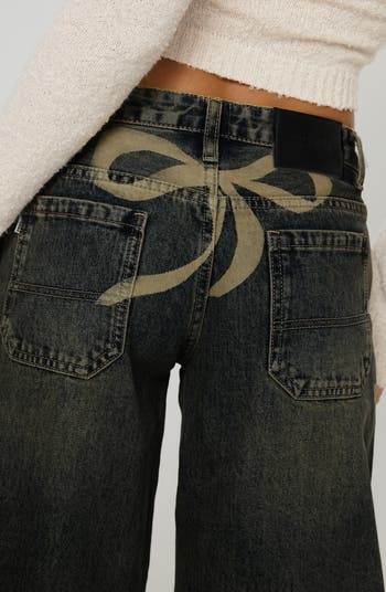 Ribbon Bow Print Low Rise Wide Leg Jeans