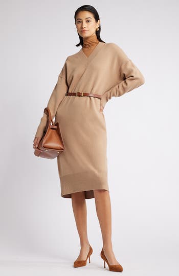 Shop Nordstrom V-neck Long Sleeve Wool & Cashmere Sweater Dress In Camel