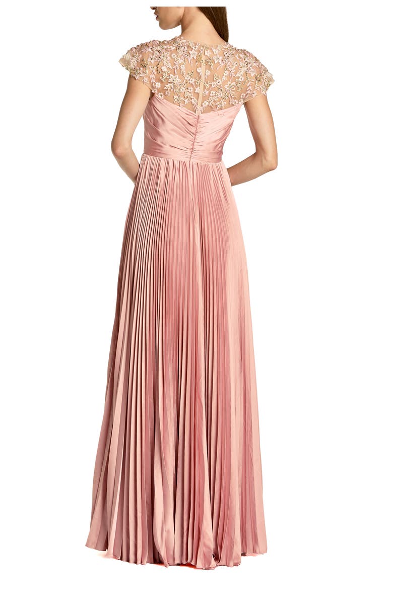 Mac Duggal Pleated Charmeuse Embellished Cap Sleeve Gown, Alternate, color, Rose