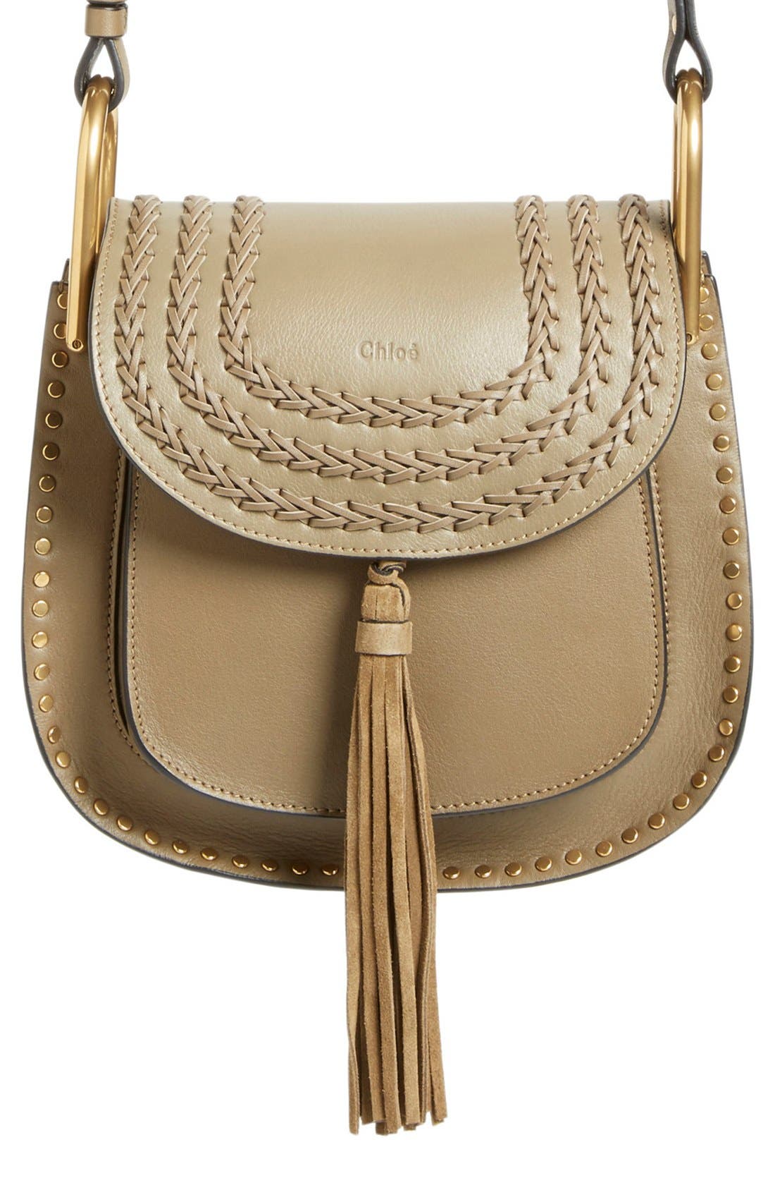 'Small Hudson' Studded Calfskin Leather Crossbody Bag, Main, color, MERINO GREY