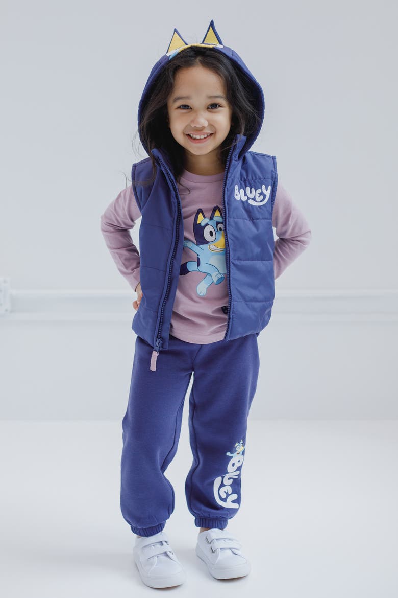 Zip-Up Hooded Vest, Tee and Pants Set, Alternate, color, Bluey Navy Mauve