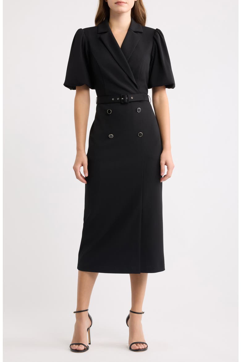 Belted Puff Sleeve Midi Dress, Main, color, BLACK