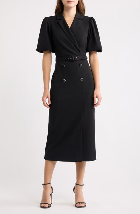 Belted Puff Sleeve Midi Dress