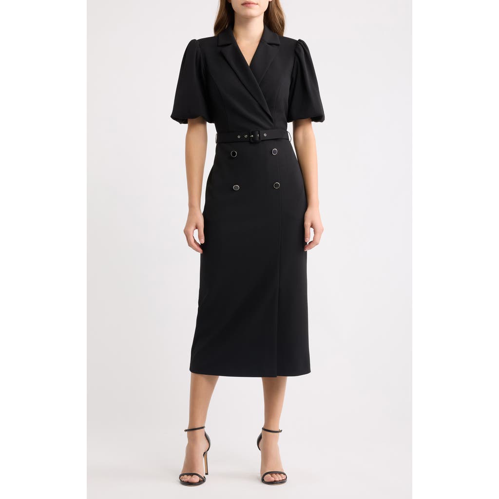 Eliza J Belted Puff Sleeve Midi Dress In Black