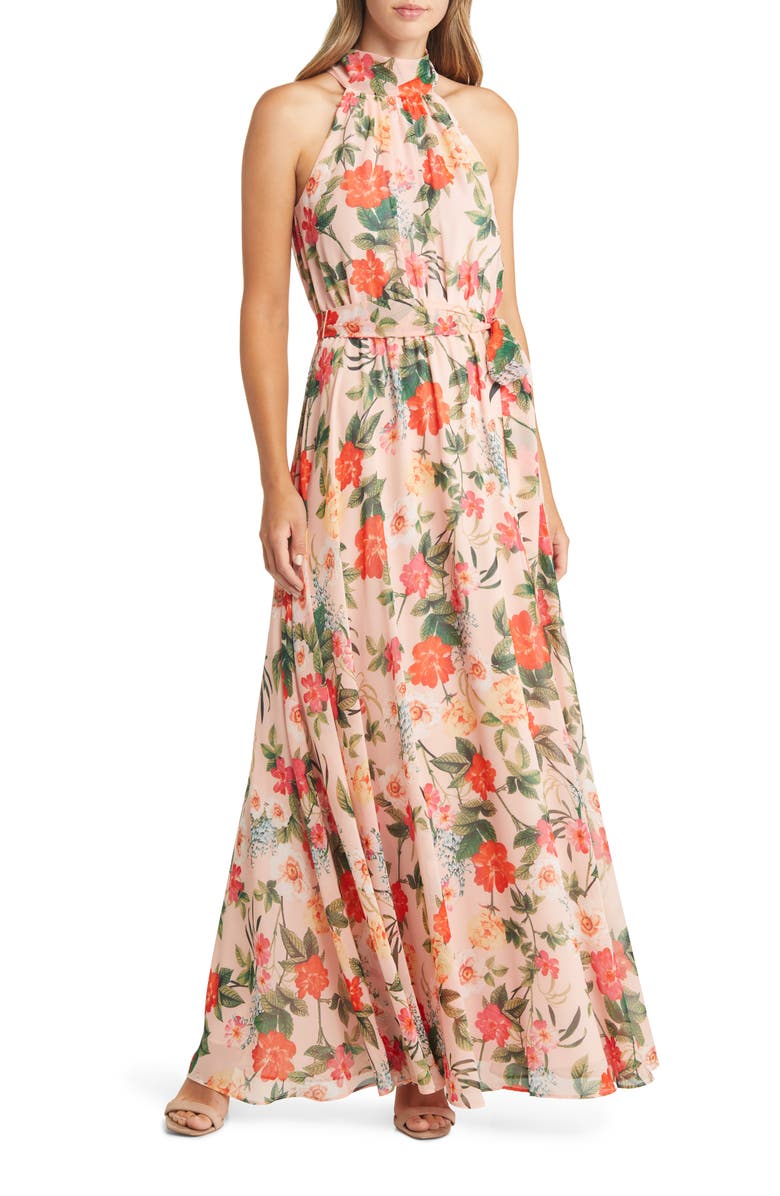 Eliza J Floral Halter Neck Chiffon Maxi Dress, Main, color,