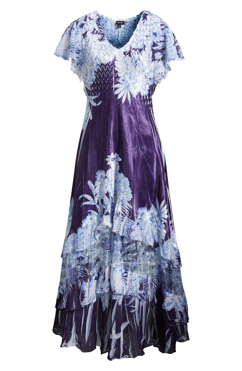 Komarov Flutter Sleeve Charmeuse & Chiffon Maxi Cocktail Dress, Alternate, color, Indigo Tropics