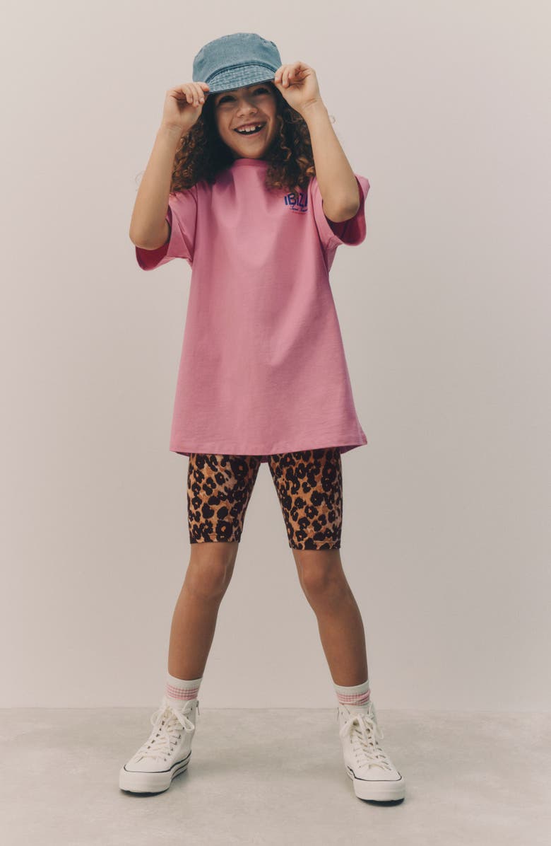 NEXT Kids' Ibiza Oversize Graphic T-Shirt & Leopard Print Bike Shorts Set, Alternate, color, Pink
