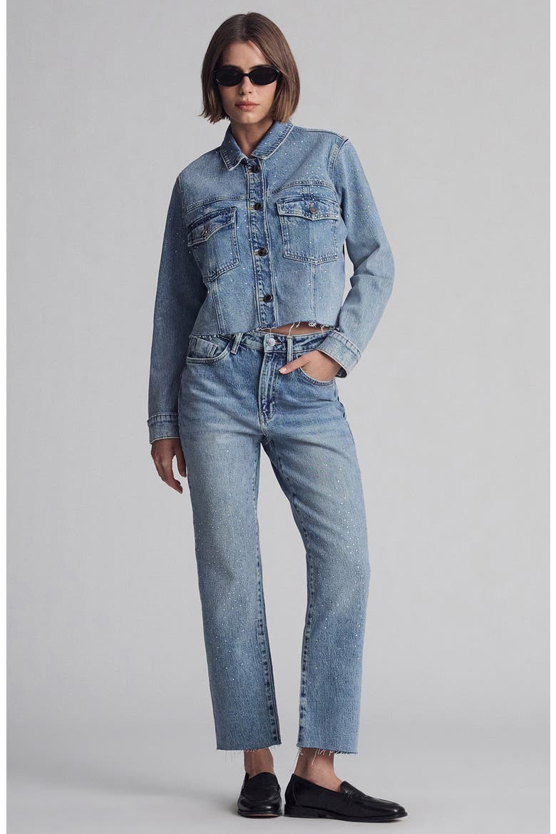 New York Rhinestone Chew Hem Ankle Straight Leg Jeans, Alternate, color, SHINY MID DENIM