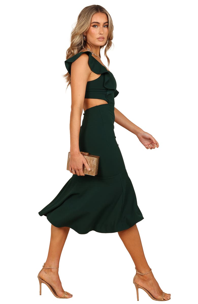 Petal & Pup Yvonne Ruffle Trim Cutout High-Low Dress, Alternate, color, Emerald