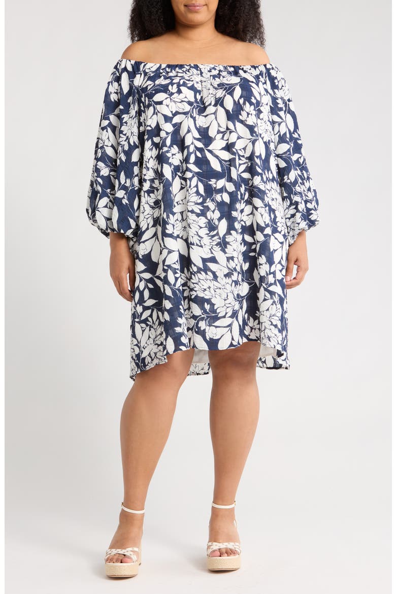 Floral Off the Shoulder Babydoll Dress, Main, color, NAVY/ WHITE