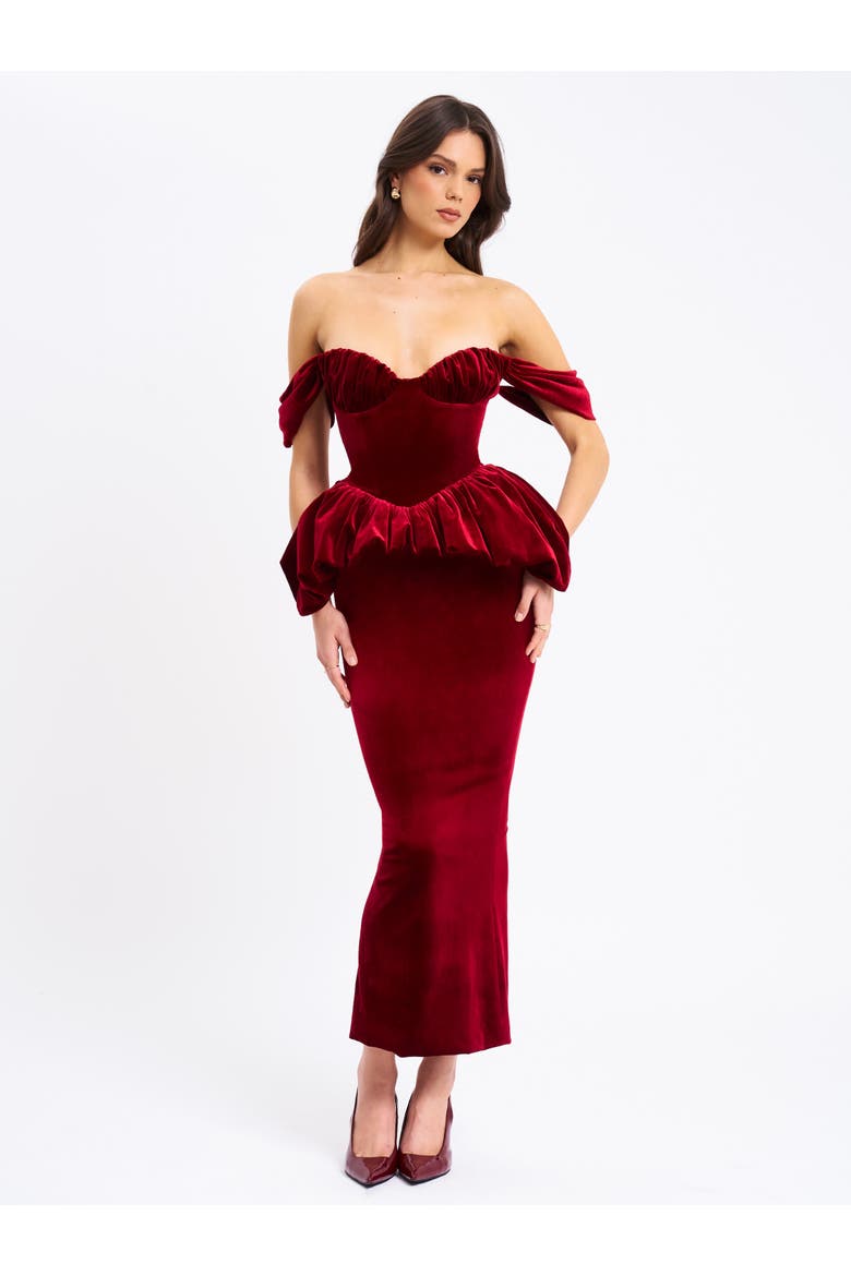 Abigail Velvet Off Shoulder Bubble Hem Peplum Maxi Dress, Alternate, color, Red