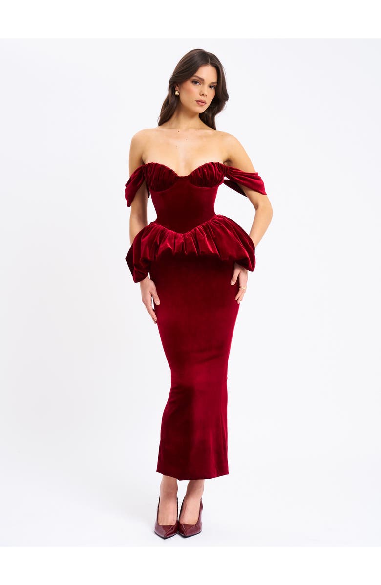Miss Circle Abigail Velvet Off Shoulder Bubble Hem Peplum Maxi Dress, Alternate, color, Red
