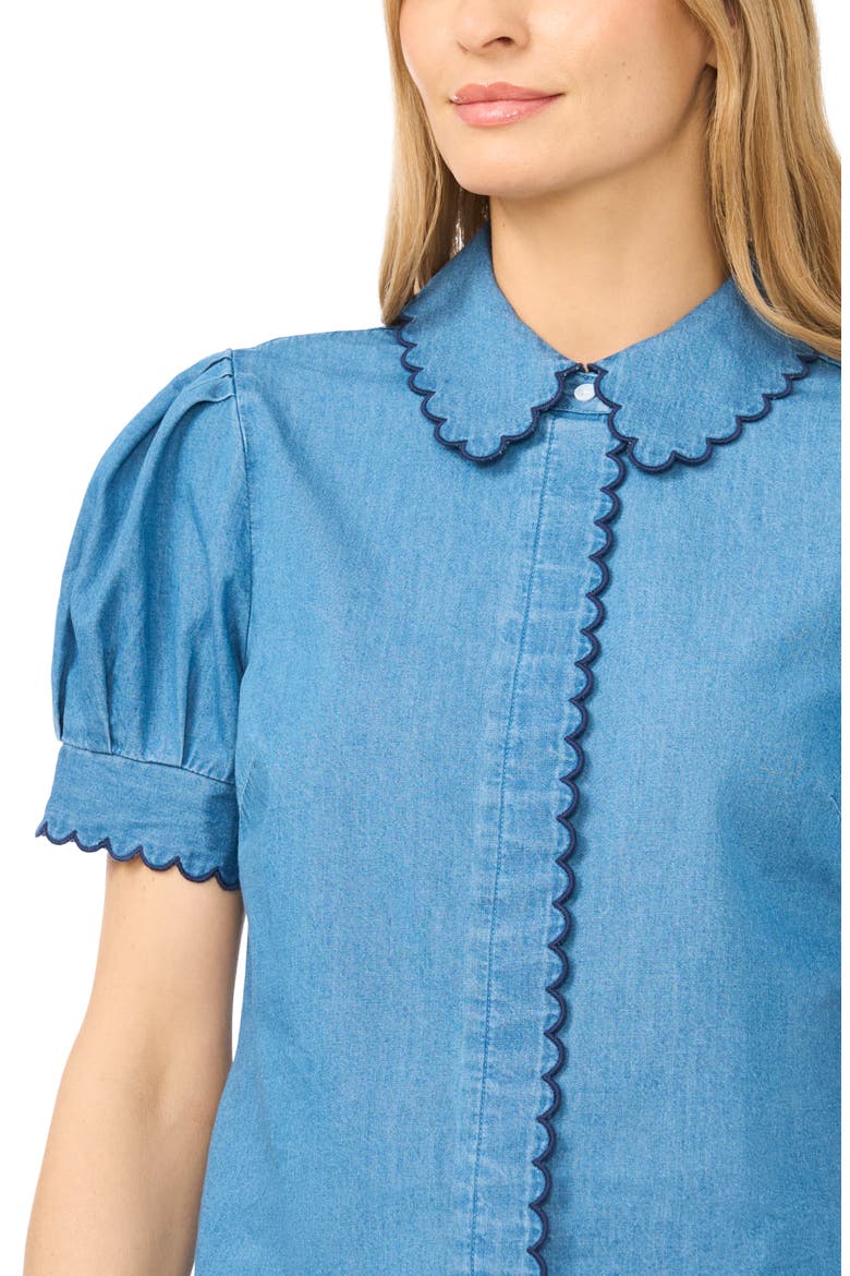Scallop Trim Puff Sleeve Denim Placket Button-Up Shirt, Alternate, color, LIGHT INDIGO